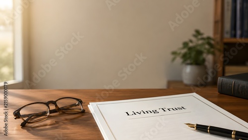 Living Trust Estate Planning Legal Document on Wooden Desk with Eyeglasses and Pen, Financial Security, Inheritance, Will Preparation and Family Asset Protection Concept