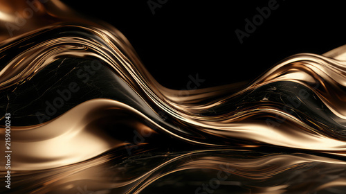 Abstract Golden Liquid Waves Flowing Through Black Darkness, Luxurious Metallic Silk Texture With Elegant Curves, Dynamic Fluid Motion, Shimmering Light and Sophisticated Artistic Background