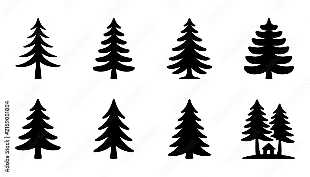 Obraz premium Slender pine tree silhouettes include various spruce styles for minimalist outdoor landscape illustrations.