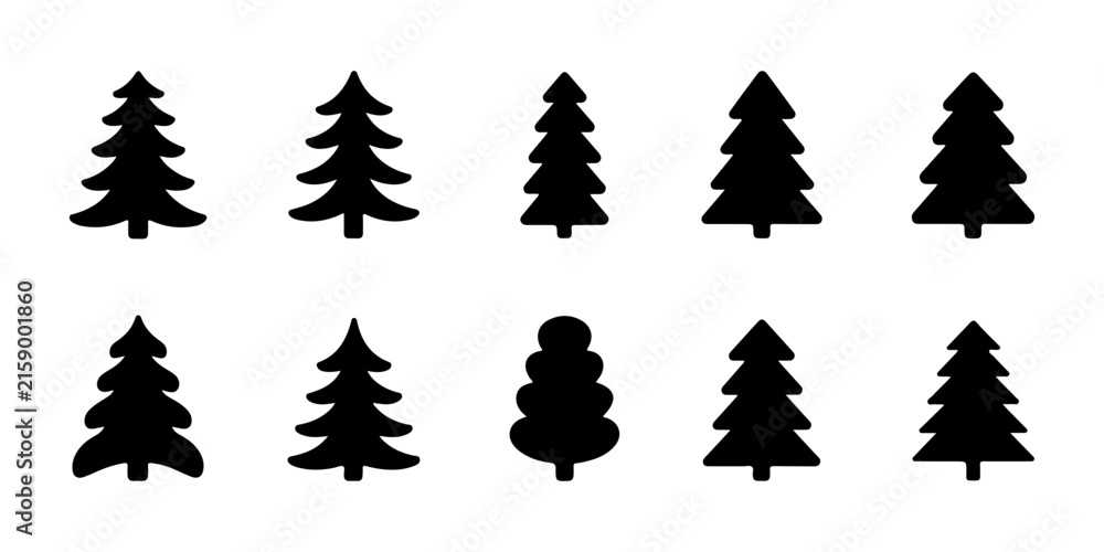 Obraz premium Ten unique pine and evergreen tree icons in black silhouette style for creative woodland graphic projects.