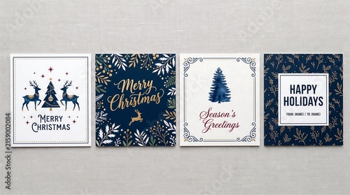 Four holiday greeting cards showcase festive designs featuring Christmas trees, snowflakes, and holiday.