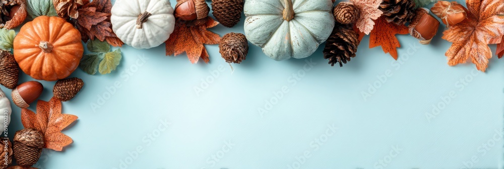 Obraz premium Abstract autumn backdrop featuring vibrant leaves, cones, and gourds on a light surface
