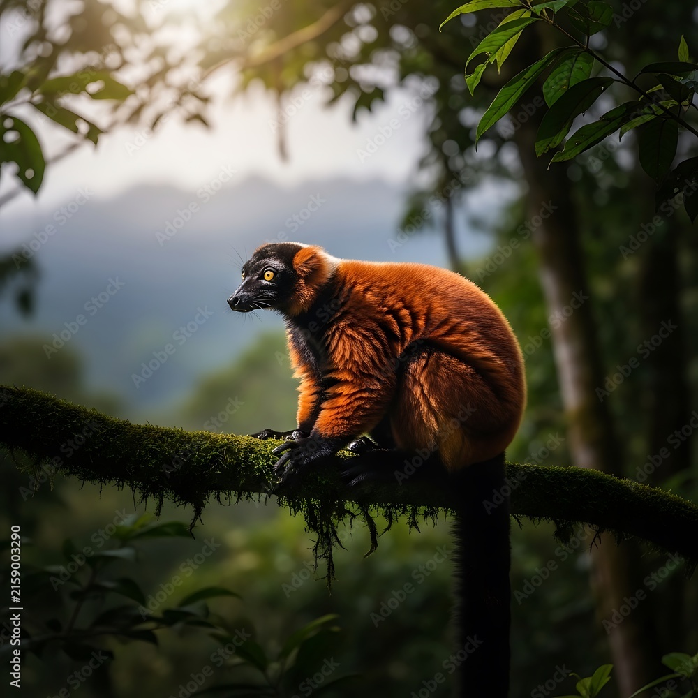 Naklejka premium Red ruffed lemur sitting on a mossy branch in rainforest