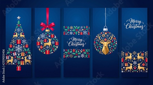 Holiday-themed digital ornaments and tree illustrations celebrate festive seasonal cheer and gift-giving.