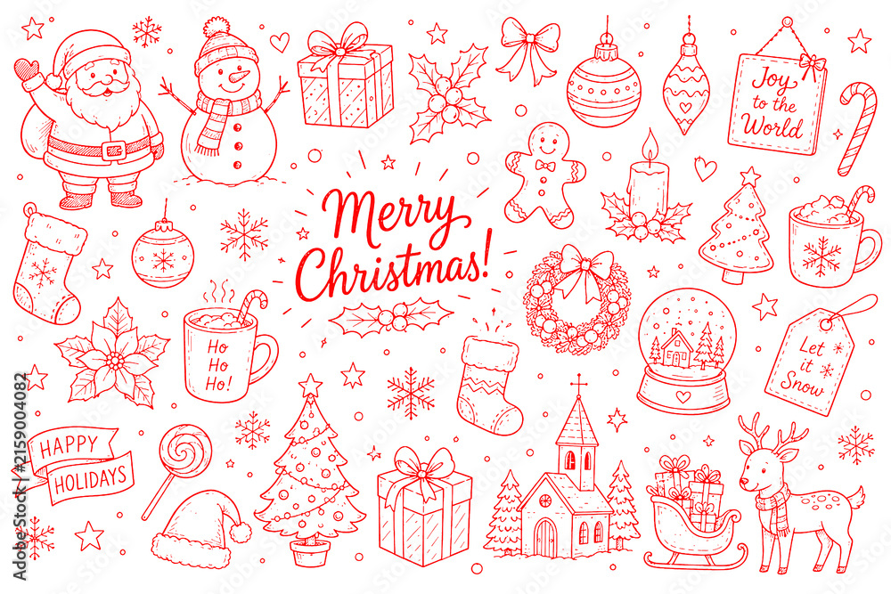 Fototapeta premium Hand Drawn Christmas Doodle Collection with Santa Snowman Gifts Ornaments and Holiday Elements