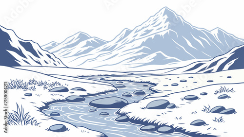 Vector illustration of a winding river through mountain valley wilderness