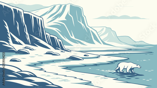 Polar bear walking along arctic coastline vector graphic illustration
