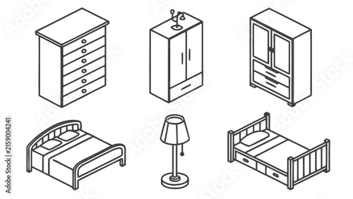 Isometric bedroom furniture line art set including beds wardrobes lamp