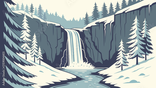 Snowy mountain waterfall landscape graphic illustration with pine trees