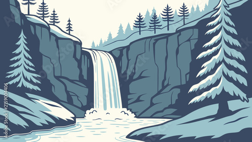 Winter waterfall landscape illustration featuring pine trees and rocky cliffs