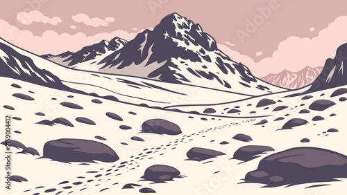 Snowy mountain summit landscape vector illustration with hiking footprints