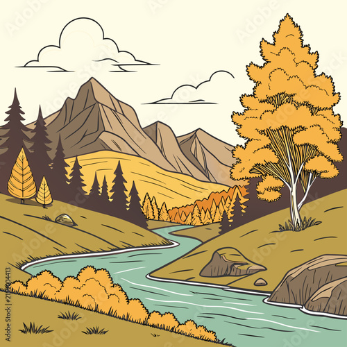 Autumn mountain landscape illustration river and pine trees with landscape