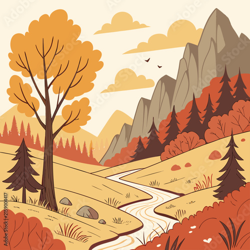 Autumn mountain river valley landscape graphic design with landscape, mountain