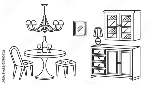 Dining room furniture and decor elements line art set with furniture, chandelier