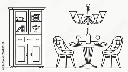 Dining room interior furniture outline vector graphics with furniture, interior