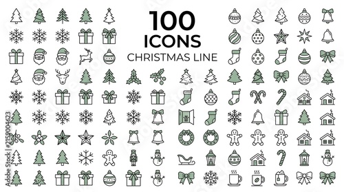 Minimalist Christmas icon set featuring 100 symbols including stars, trees, presents, and holiday-themed.