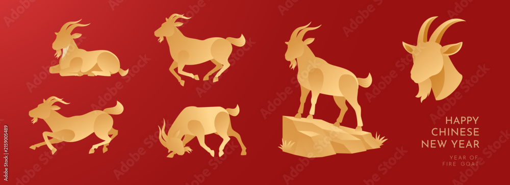 Obraz premium Chinese New Year 2027 festive banner featuring traditional golden Goat zodiac illustrations in various poses on a rich red background. Editable Vector Illustration