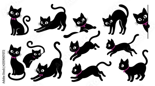Nine black cats in various playful poses arranged in a circular pattern against a plain background.