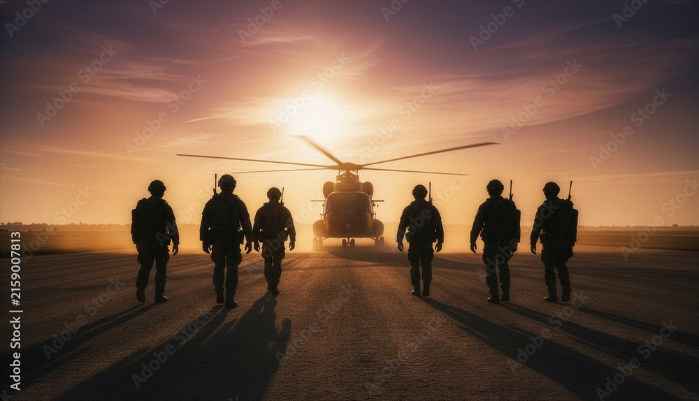 Fototapeta premium Silhouette of military soldiers walking in formation on an airfield runway toward a transport helicopter at dramatic sunset, during a defense deployment mission or departure. 