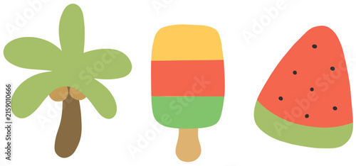 colorful ice cream cute watermelon coconut tree summer things illustration