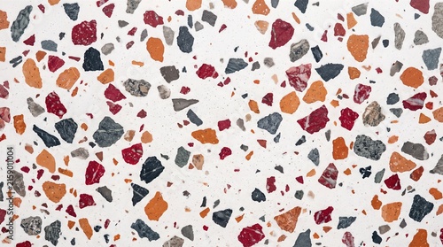 Colorful Terrazzo Pattern with Red, Orange, and Grey Fragments on White Background