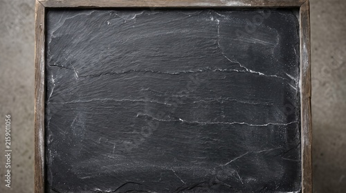 Empty Dark Slate Chalkboard with Rustic Wooden Frame and Faint Chalk Dust