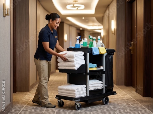 Obraz na płótnie Hotel housekeeper with cleaning cart
