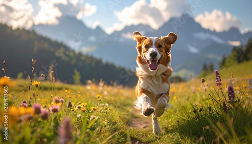 Happy dog running through a sunny park, active pet lifestyle and outdoor recreation concept