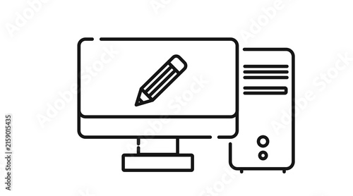 Desktop computer tower and monitor with pencil symbol on screen icon. Black line art style on white background. 