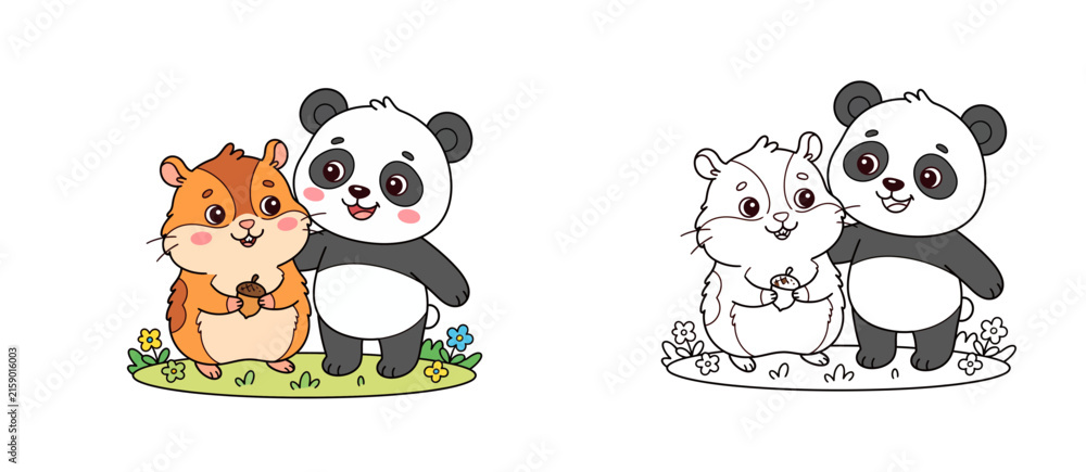 Naklejka premium Cute Cartoon Hamster and Panda Friends Holding an Acorn Vector Illustration