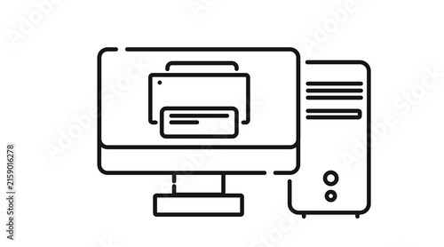 Desktop computer tower and monitor with printer symbol on screen icon. Black line art style on white background.
