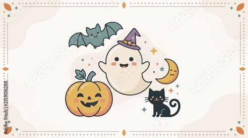 A delightful collection of adorable Halloween characters featuring a friendly ghost wearing a witch hat, a cheerful carved pumpkin, a cute black cat, a whimsical flying bat, and a smiling crescent moo
