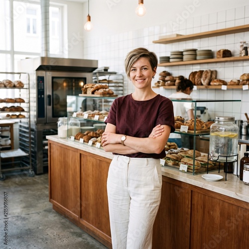 Female small business owner standing confidently inside modern artisan bakery