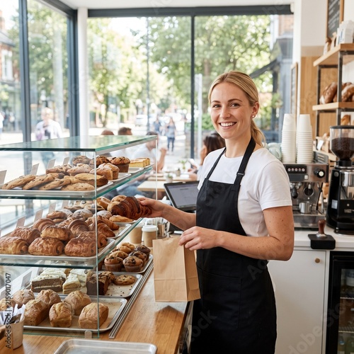 Smiling bakery worker serving fresh pastry in a modern café
