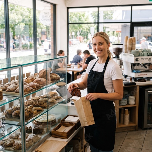Smiling bakery worker serving fresh pastry in a modern café