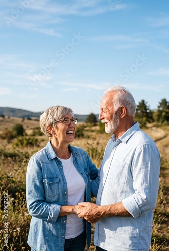 Happy senior couple laughing together during a countryside walk
