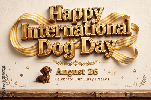 Happy International Dog Day Banner Template Featuring Golden 3D Text With Striped Ribbon Frame Cute Dachshund Puppy On Wood Floor Decorative Elements Graphic Asset Background