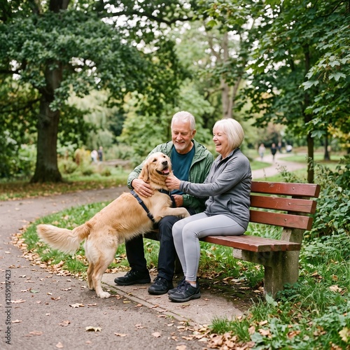 Happy senior couple relaxing with golden retriever in green park