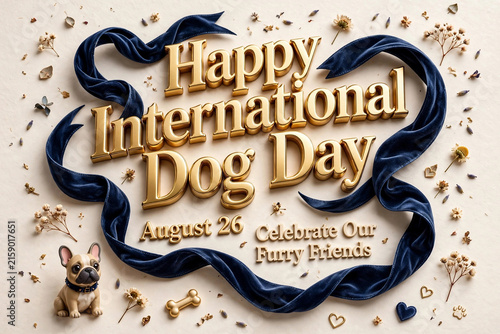 Happy International Dog Day Banner Template Featuring Golden 3D Text With Blue Ribbon Dark Blue Velvet Elegant Frame Cute French Bulldog Puppy Decorative Elements Graphic Asset