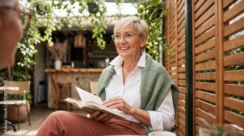 Smiling senior woman reading a book in a lush outdoor café