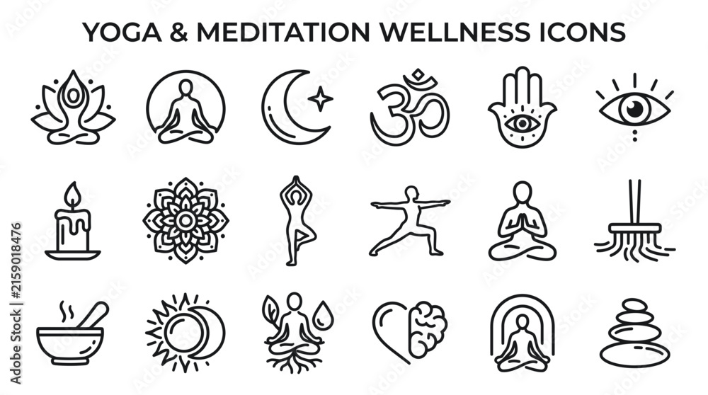 Fototapeta premium Yoga and meditation outline icons set featuring lotus poses, spiritual symbols and zen wellness elements, concept for mindful relaxation and holistic lifestyle