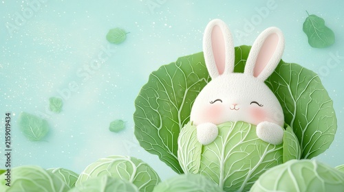 Cute cartoon bunny nestled in vibrant green cabbage leaves with soft pastel background and whimsical atmosphere