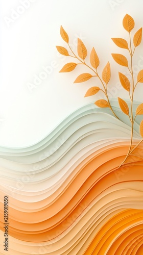 Abstract paper waves with orange tones and delicate leaves creating a serene and modern nature-inspired background
