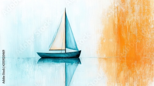 Tranquil Sailboat on Calm Water with Vibrant Colors of Orange and Blue in Abstract Style