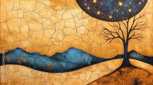 Serene Landscape with Starry Sky and Bare Tree, Artistic Representation of Nature's Beauty and Wonder