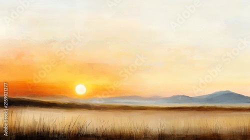 Tranquil Sunrise Over Mountains and Fields with Soft Fog in the Distance Ideal for Nature and Landscape Themes