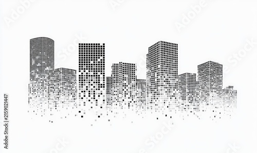 Pixelated cityscape dissolving into abstract geometric fragments