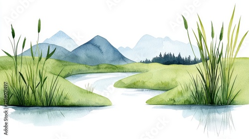 Serene Watercolor Landscape with Gentle Hills, Lush Grass, and Tranquil River Flowing Through Nature Scene