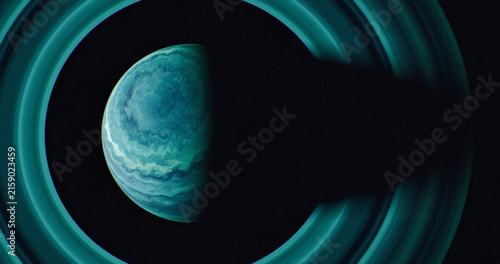 Glowing Blue Exoplanet with Rings Floating in a Colorful Nebula