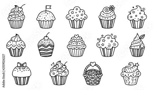 Cute bakery cupcake hand drawn doodle black white vector illustration set